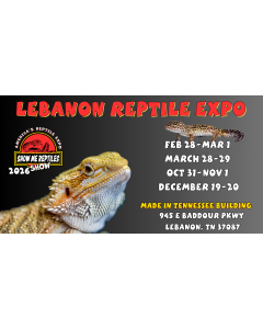America's Reptile Expo
Show Me Reptiles 2026 Show
lebanon tennessee reptile expo 
located at the made in tennessee building
feb 21 - mar 1 
march 28 - 29 
oct 31 - nov 1 
dec 19 - 20 