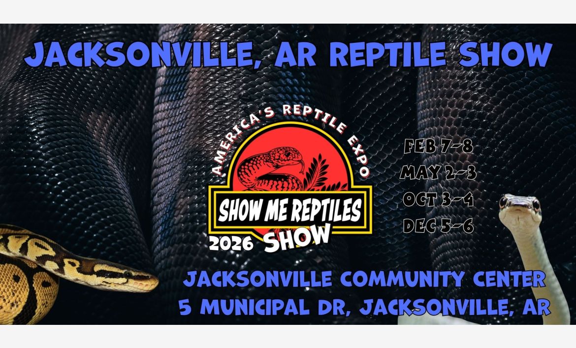 Jacksonville, AR Reptile Show 
Jacksonville, Arkansas Reptile Show 
Feb 7-8
May 2-3
Oct 3-4 
Dec 5-6 
America's Reptile Expo
Show Me Reptiles 2026 Show 