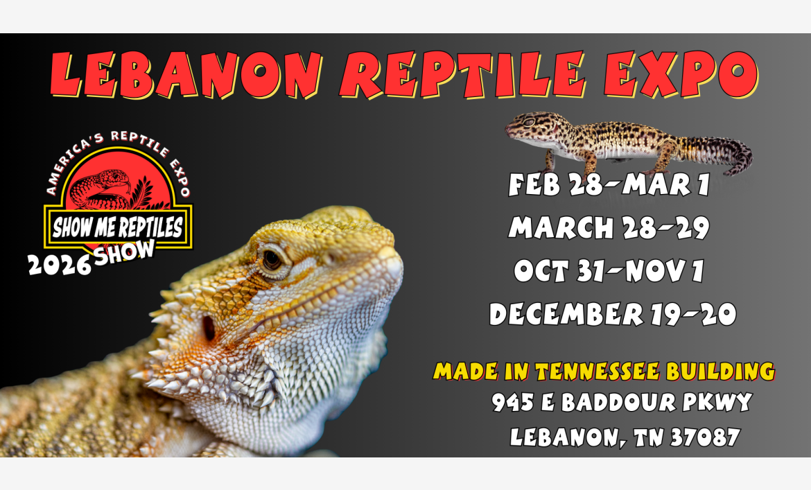 America's Reptile Expo
Show Me Reptiles 2026 Show
lebanon tennessee reptile expo 
located at the made in tennessee building
feb 21 - mar 1 
march 28 - 29 
oct 31 - nov 1 
dec 19 - 20 