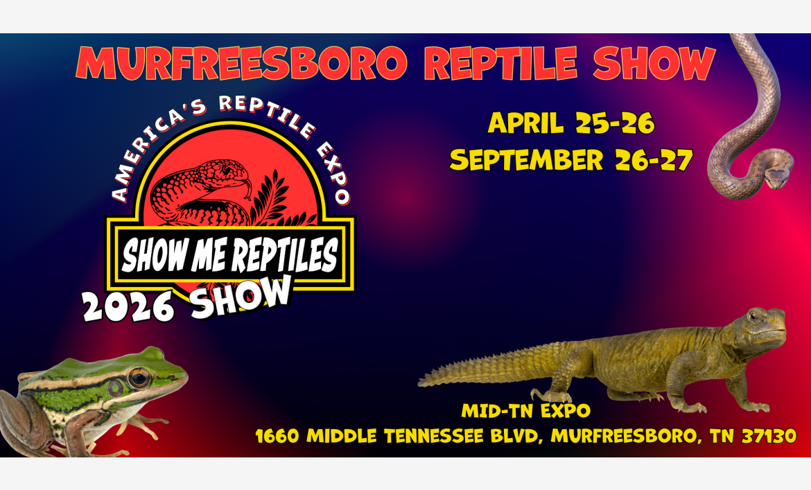 Murfreesboro, Tennessee Reptile Show 
America's Reptile Expo
Show Me Reptiles 2026 Show
Located Mid-TN Expo 
april 25 - 26 
september 26 - 27 