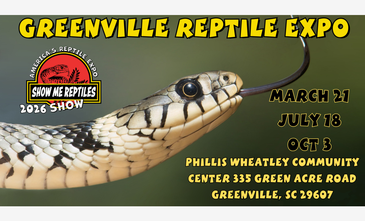America's Reptile Expo
Show Me Reptiles 2026 Show
Greenville, South Carolina Reptile Expo 
march 21
july 18
oct 3 
located at phillis wheatley community center 