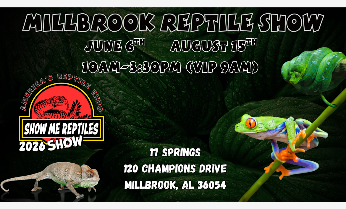 Millbrook Reptile Show 
June 6th
August 15th
America's Reptile Expo
Show Me Reptiles 2026 Show
