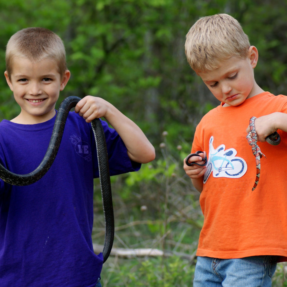 Picture of two boys holding snakes